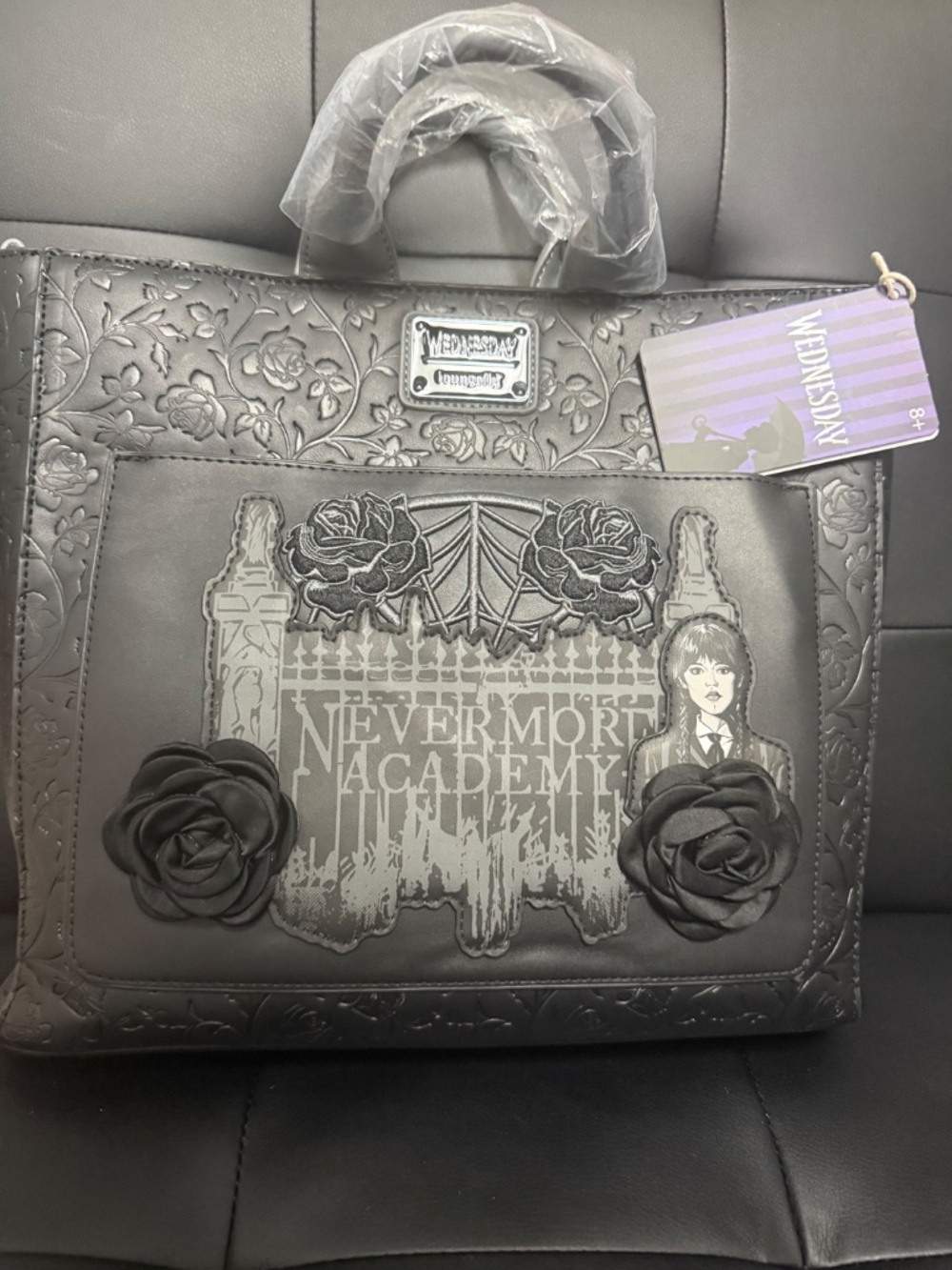 Loungefly Wednesday Black Roses Convertible Backpack, Tote & Crossbody Bag. - Picture 2 of 3